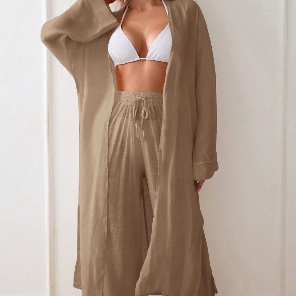 Brown Preppy Women's Long Sleeve Long Loose Kimono Style Cover Up